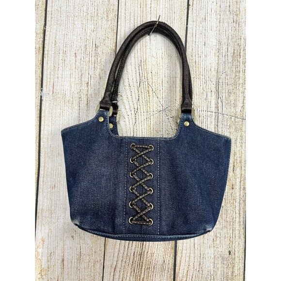 Vtg Y2K Small Denim Handbag Faux Leather Lace Up Front Blue Jean Shoulder Bag - Picture 2 of 15